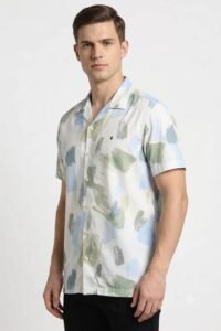 Louis Philippe Mens White Printed Half Sleeve Shirt - Modern Fit Louis Philippe Mens White Printed Half Sleeve Shirt
