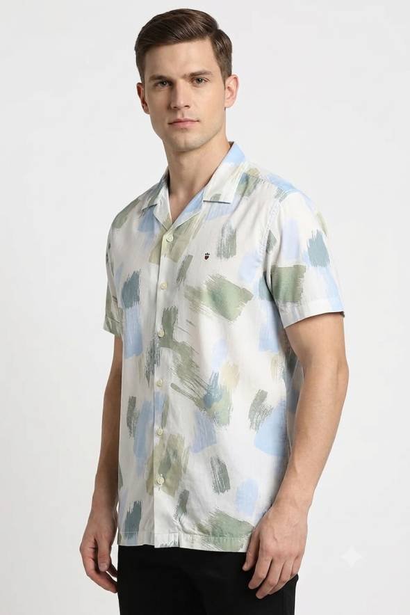 Louis Philippe Mens White Printed Half Sleeve Shirt - Modern Fit Louis Philippe Mens White Printed Half Sleeve Shirt - Modern Fit