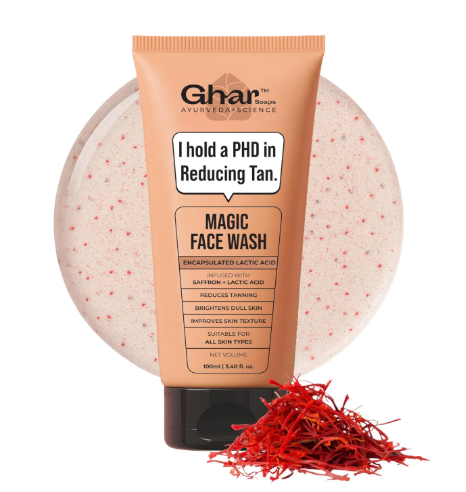 Ghar Soaps De-Tan Face Wash | For Tan Reducing, Brightening & Glowing Skin | With Sandalwood, Saffron, Coconut Oil & Goat milk | For All Skin Types | 100ml (Pack of 1) Ghar Soaps De-Tan Face Wash 100ml with Saffron for Bright and Glowing Skin