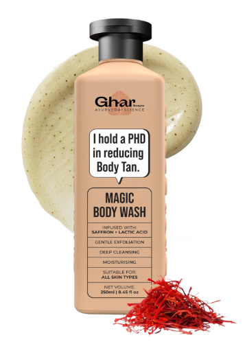 Ghar Soaps Magic De-Tan body wash for tan removal 250ml | Exfoliating with Saffron, Lactic Acid & Niacinamide | Detan body wash | Removes Tan & Evens Skin Tone | Paraben & SLS Free Ghar Soaps De Tan Body Wash 250ml for tan removal