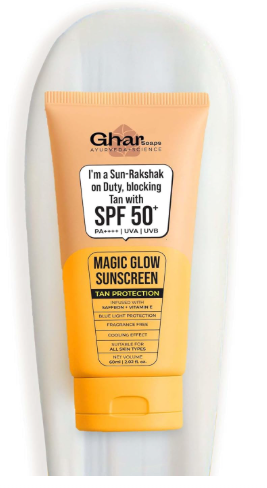Ghar Soaps Magic Glow SPF 50+ PA++++ Mineral Sunscreen | UVA/UVB & Blue Light Protection | No White Cast, Non-Greasy (60g, Pack of 1) Ghar Soaps Magic Glow Sunscreen SPF 50+ PA++++ for all skin types