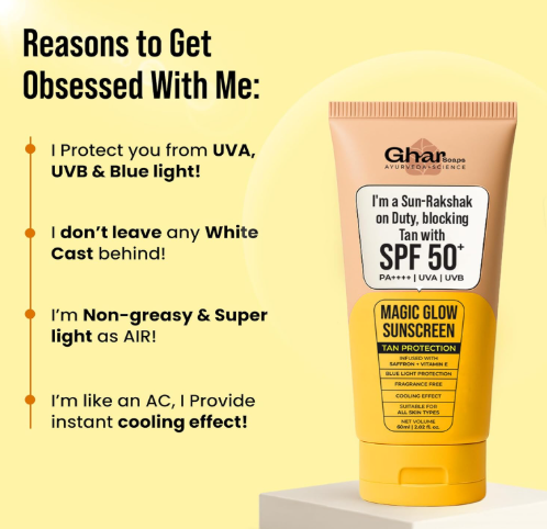 Ghar Soaps Magic Glow SPF 50+ PA++++ Mineral Sunscreen | UVA/UVB & Blue Light Protection | No White Cast, Non-Greasy (60g, Pack of 1) Ghar Soaps Magic Glow SPF 50+ PA++++ Mineral Sunscreen | UVA/UVB & Blue Light Protection | No White Cast, Non-Greasy (60g, Pack of 1) - Image 4