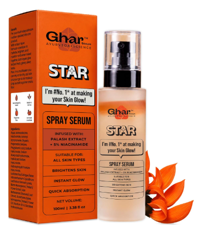 Ghar Soaps Star Spray Serum | For glowing and brightening skin | With Palash Extract & 5% Niacinamide | For all skin types (100ml) Ghar Soaps Star Spray Serum 100ml for glowing and bright skin