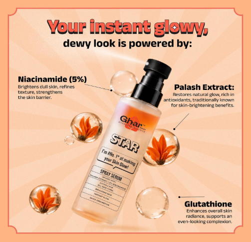 Ghar Soaps Star Spray Serum | For glowing and brightening skin | With Palash Extract & 5% Niacinamide | For all skin types (100ml) Ghar Soaps Star Spray Serum | For glowing and brightening skin | With Palash Extract & 5% Niacinamide | For all skin types (100ml) - Image 2