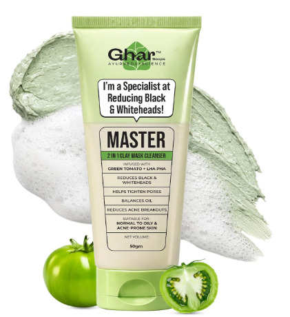 Ghar Soaps Master Clay Mask Cleanser | For reducing blackheads and whiteheads | With Green Tomato Extract & Kaolin + green clay | For all skin types (50ml) Ghar Soaps Master Clay Mask Cleanser 50g for oily skin