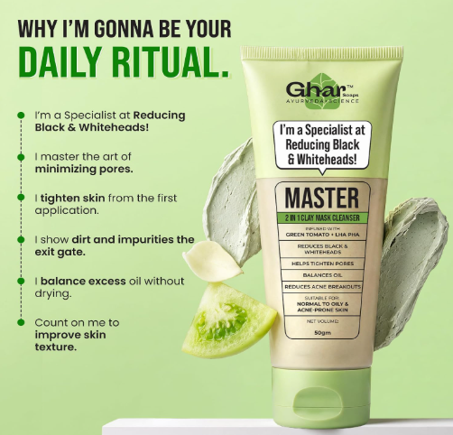 Ghar Soaps Master Clay Mask Cleanser | For reducing blackheads and whiteheads | With Green Tomato Extract & Kaolin + green clay | For all skin types (50ml) Ghar Soaps Master Clay Mask Cleanser | For reducing blackheads and whiteheads | With Green Tomato Extract & Kaolin + green clay | For all skin types (50ml) - Image 3