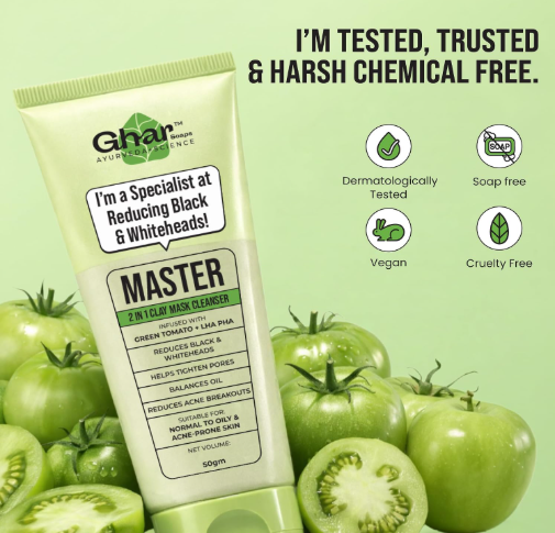 Ghar Soaps Master Clay Mask Cleanser | For reducing blackheads and whiteheads | With Green Tomato Extract & Kaolin + green clay | For all skin types (50ml) Ghar Soaps Master Clay Mask Cleanser | For reducing blackheads and whiteheads | With Green Tomato Extract & Kaolin + green clay | For all skin types (50ml) - Image 9
